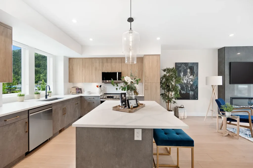 View of the open concept kitchen area with a view of the lake